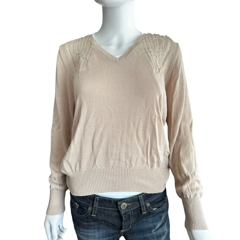 Heartloom Sweater Womens Medium Tan Long Sleeve V Neck Loose Knit Detail Rib Hem